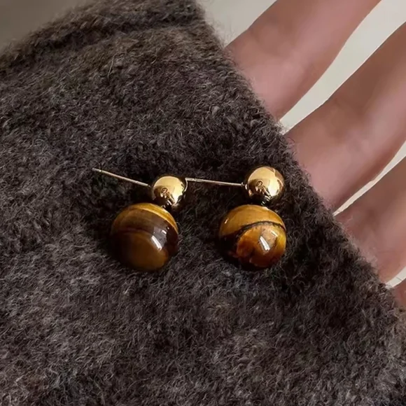 Gold Tiger Eye Earrings - Picture 2 of 3